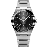 Quadrante grigio sunburst dell’Omega Constellation 41 mm con indici a bastone rodiati, lancette rodiate e datario a ore 6